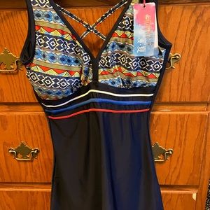 NWT Manxia Swimdress XXL *Asian sizing Dark Blue, Red/White/Blue/Yellow Contrast